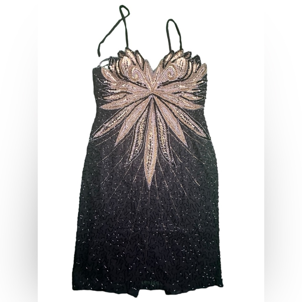 Black Beaded Formal Dress w. Floral Design